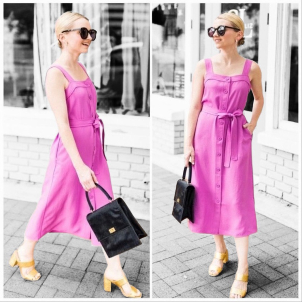 NEW Everlane The Japanese GoWeave Picnic Dress Midi Button Front Pink Magenta